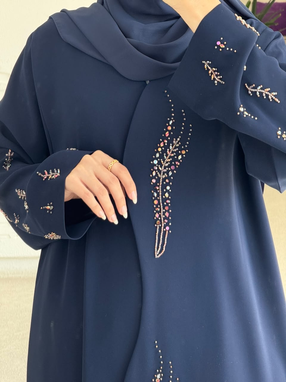 Royal Navy — navy abaya with beaded floral vine embroidery